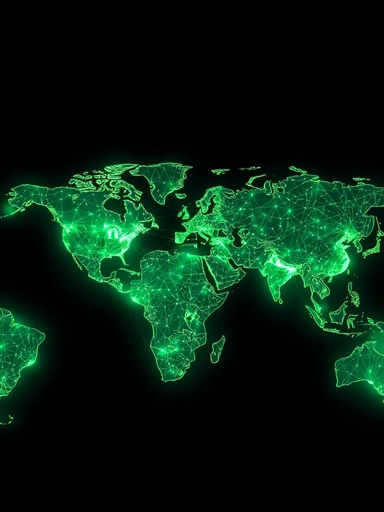 A stylized digital map of the world with glowing connections