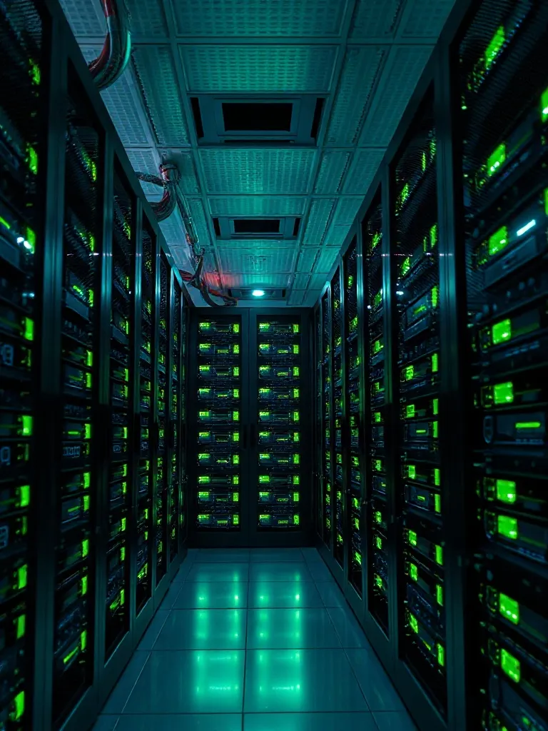Professional high-tech server room with glowing green LED li