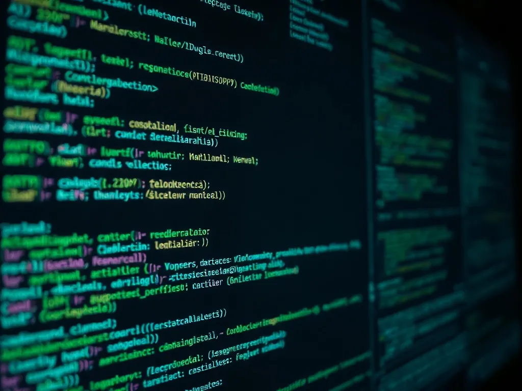 Close up of a computer screen showing complex code and lingu