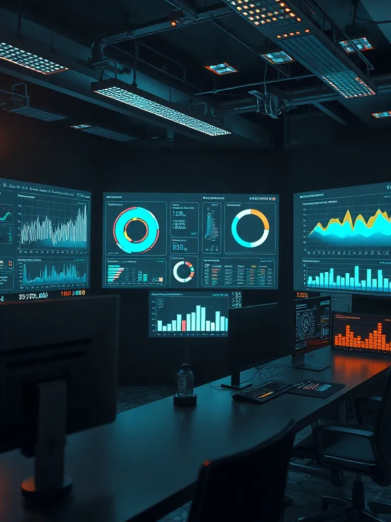 A high-tech digital control room with abstract glowing data